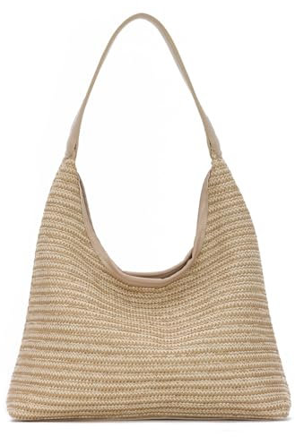 7VSTOHS Straw Shoulder Bag For Women, Large Straw Bags Weave Handmade Handle Tote Bag Durable Leather Handles Bohemian Shoulder Handbag for Beach Travel