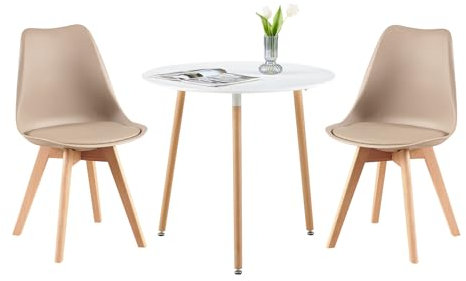 LafeuR Ensemble de salle à manger avec 2 chaises, ronde de 80 cm et 2 chaises scandinaves pour salon, bureau, cuisine (table blanche + 2 chaises kaki)