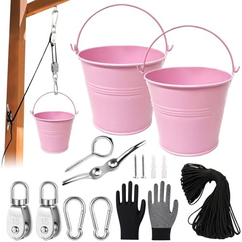 ZeiLaBang Kakadi Flaschenzug Kinder, Flaschenzug mit Metalleimer, Zubehör fürs Baumhaus Spielturm (Rosa, 2Pcs)
