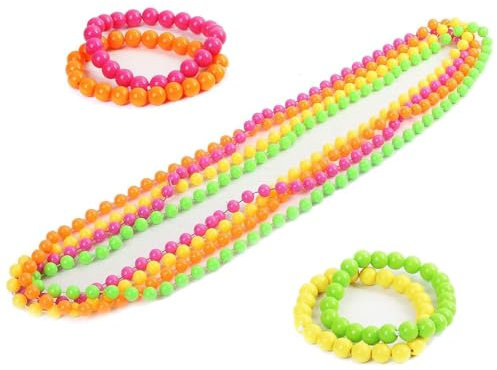 Ginddy 80er-Jahre-Neon-Party-Accessoires,1980er Jahre Kostümzubehör Set 4er Pack Fluoreszierende Neon Armbänder+4er Pack Neon Halskette Kunststoff Rave Perle für Party Kostüm Dress Up Multicolor