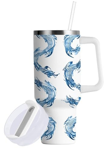 Sevdomey 30 ozBlue Dragons Tumbler with Handle and Straw Lid for Water Iced Tea or Coffee, Stainless Steel Insulated Leak-Proof Travel Coffee Mug Cup Gifts
