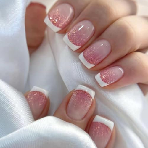 SXVME White French Tip False Nails Short Square, Natural Nude Press on Nails with Glitter Pink Sequins Designs, Glossy Bling Sparkle Acrylic Nails Press Ons for Women Daily Wear 24 Pcs
