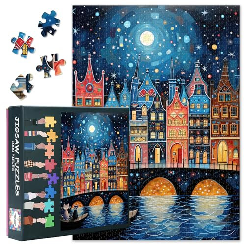 Cat and a River Collage Games -1000 Piece Jigsaw Puzzle for Adults - Abstract City House - Challenging Yet Relaxing Activity for Game Nights - Finished Size is 27.5 x 19.6/70 * 50cm