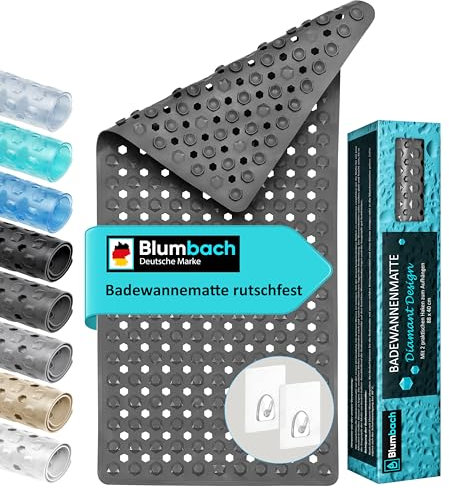 Blumbach® Badewannenmatte rutschfest 88x40cm – inkl. 2 Haken zum Trocknen | 100% BPA-frei, Sicher für Kinder & Senioren | Badematte rutschfest 200+ Saugnäpfe | Schimmelresistent, Maschinenwaschbar