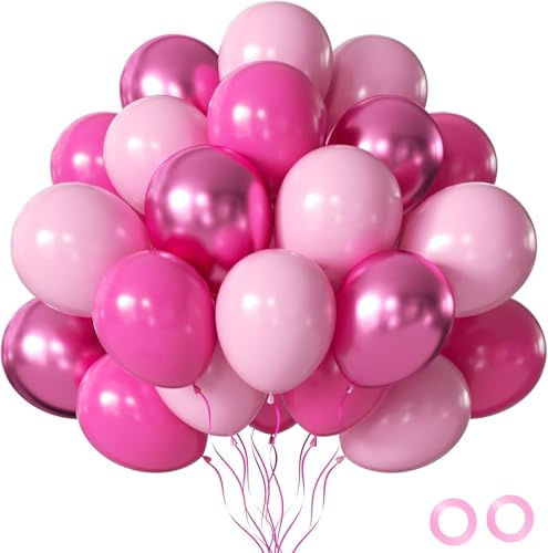 OHugs Pink Balloons - 12 Inch Assorted Party Balloons with Hot, Metallic, and Pink Balloon, Includes Ribbons and Glue Dots for Birthday, Wedding, Gender Reveal, Baby Shower Decorations
