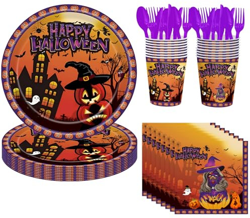 Daover 72Pcs Halloween Paper Plates Reusable Party Decorations Tableware Set Paper Dinnerware Set for Halloween Fans Boys Festival, Supplies Serves 18