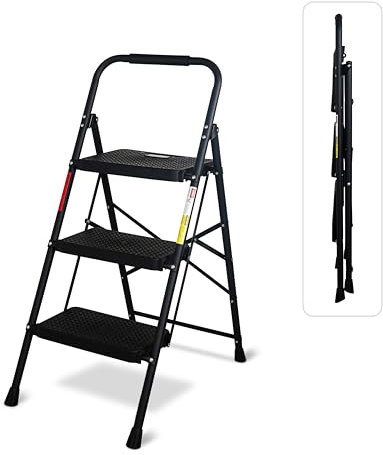 Bestfor Folding 3 Step Ladder, Durable Steel, Non-Slip Feet and Steps, 150kg Capacity, Lightweight, Easy to Store, Ideal for DIY, Decorating and Home Use