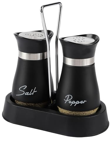 Salt and Pepper Sets, Stainless Steel and Glass Bottle Salt and Pepper Shakers with Holders, Salt and Pepper Salt Shaker Dispenser for Cooking, Camping (Black)
