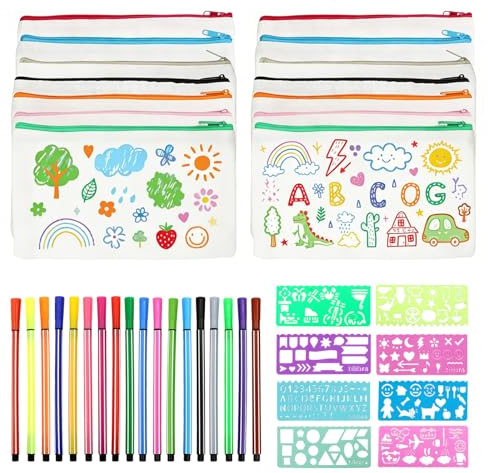 BORISCA 14 Stück DIY Blanko Stoff Federmäppchen, Stofftaschen zum Bemalen mit Reißverschluss, Stoffbeutel zum Bemalen mit 18 Farben Wasserfarbenstifte und 8 Malvorlagen, Segeltuch Kosmetiktasche