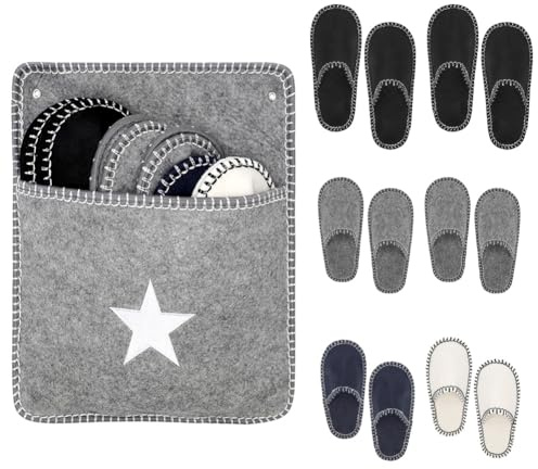 Umllpet Lot de 6 paires de pantoufles d'invité en feutre antidérapantes avec sac de rangement - Chaussons confortables et antidérapants - Unisexe