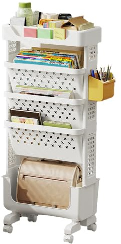 SINBINTA Mobile Bookshelf with Wheels Magazine Book Organiser | Book Storage Trolley Cart, 5-Tier Rolling Bookcase for Bedroom, Office and School(White)