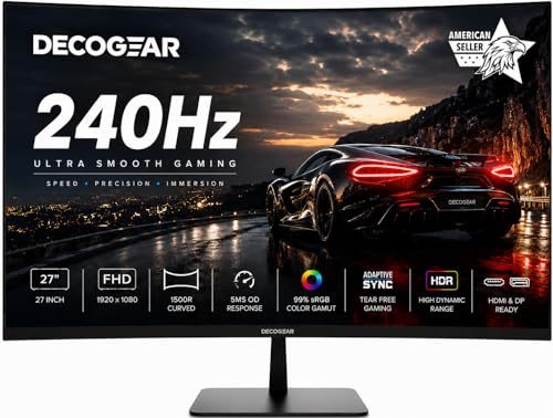 Deco Gear 27 Curved Gaming Monitor 240Hz, 1500R VA, FHD 1080p, HDR, 99% sRGB, Premium Adaptive Sync, 5ms OD, HDMI & DisplayPort, FPS/RTS Modes, PC & Console Compatible, Seller