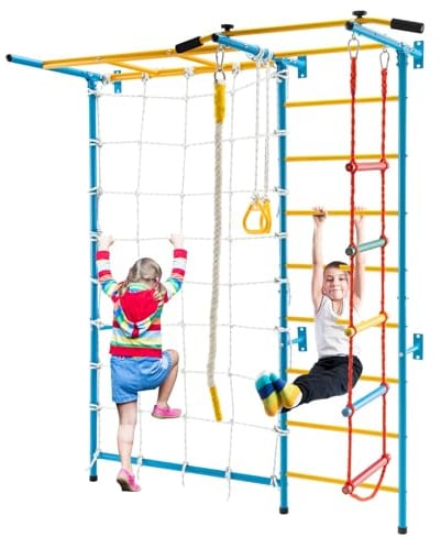 COSTWAY 7 in 1 Sprossenwand Kinderzimmer, Klettergerüst Indoor, Kletterwand aus Metall mit Klimmzugstange, Leiter, Seil & Netzwand, Turnwand für Kinder & Erwachsene, 200 kg Belastbar