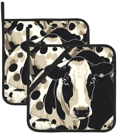 Topflappen für die Küche, hitzebeständig, mit Taschen, schwarz-weiß gepunktet, Kuh-Topflappen, Ofenpads, rutschfeste Topflappen zum Kochen, Backen, Mikrowelle, Grillen, Küchenzubehör, 20,3 x 20,3 cm