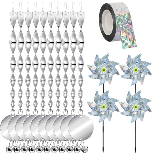 15 Stück Reflektierende Vogelschreck Set 10 Stück Vogelabwehr Windspirale, 4 Stück Windräder Vogelabwehr mit Vogelband 2.4CM x80M Reflektierende Windspirale Vogelschreck Set
