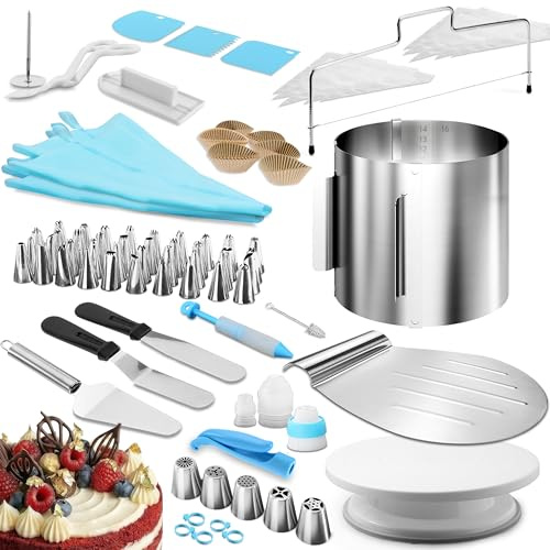 Menz Tortenschneider-Set, 144 Teile - Tortenschneider + Tortenring verstellbar hoch 15 cm +Tortenheber + Streichwerkzeug + Tortenplatte drehbar + XXL Torten-Deko Set
