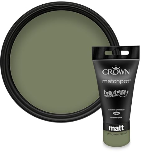 Crown WALLS & CEILINGS Khaki Green Matt Paint Tester - Sample 40ml | Try Evergreen Echo before you buy. See the true colour on your wall, in your own light. Low VOC, low odour, breatheasy