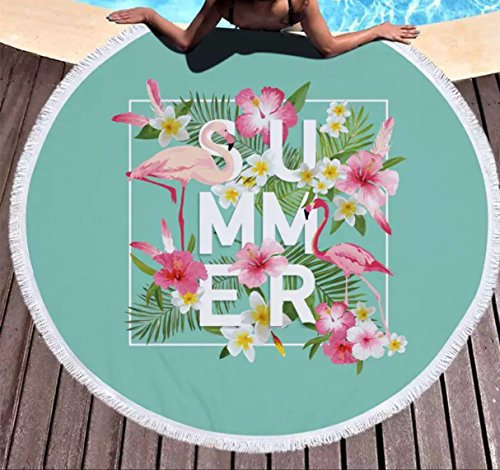 Chickw1 Serviette de Plage Ronde, Microfibre Super Souple Multi-usages Femme Tapisserie Ronde Fleurs Serviette Plage Yoga Glands Décoratifs Indien Châle de Yoga (150cm X 150cm, Flamants Roses 8)