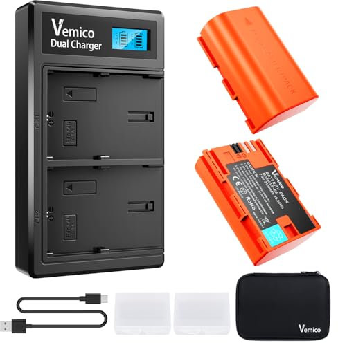 Vemico LP-E6 LP-E6N Akku Ladegerät Kit 2 Pack 2100mAh Ersatzakkus Typ C LCD Dual Ladegerät für EOS 5D Mark II/5D Mark III/5D Mark IV/7D Mark II/5DS/6D/7D/60D/70D/80D(Vollkompatibel mit Orginal)
