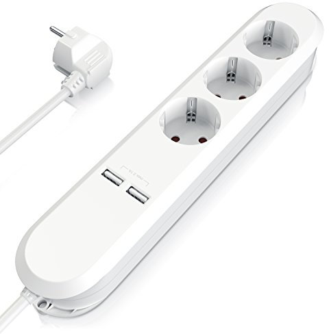 Bearware - Steckdosenleiste 3 Fach Steckerleiste mit 2X USB Ladeports - Mehrfachsteckdose mit 2 USB Ports 3680W - Steckerleiste mit Berührungsschutz Weiß