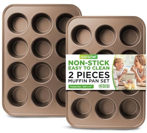 NutriChef 2-Piece Nonstick Muffin Tray Set, 24 Cups Nonstick Carbon Steel Cupcake Pans, 39 x 28cm Baking Tray Set, Easy to Clean, Gold