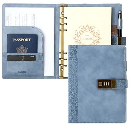 Journal pour adultes avec cadenas à combinaison et 6 anneaux, rechargeable, en cuir gaufré, bleu