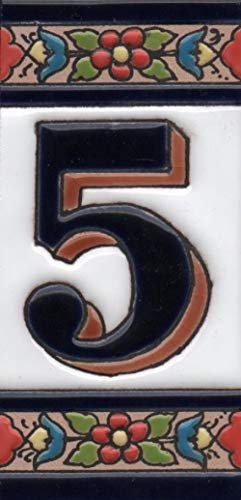 Hausnummern Keramik Zahlen & Buchstaben Fliesen rot blau & grün Blumenmuster Fliesengröße: 11 cm x 5,5 cm (Nummer 5)