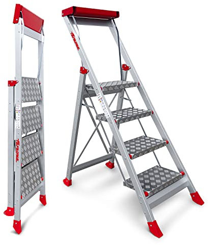 Faraone - Taburete Alto de Aluminio SGP04 - con 4 Peldaños - 152x57x15 cm - Plegable y Ligero - Ideal para Trabajos en Altura - Peso Soportado de 150 kg - Peldaños Antideslizantes