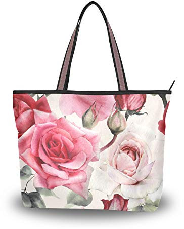 Rootti Damen Handtasche mit Reißverschluss Blomm Rose Muster Große Tote Taschen Schultertaschen für Damen Mädchen Wiederverwendbar Arbeit Reisen Einkaufen Henkeltaschen