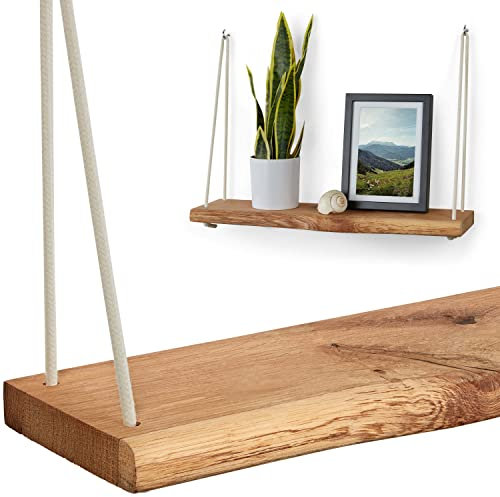 Villanord® Wandregal aus Deutscher Eiche - Rustikal mit Baumkante (60cm) - Massivholz Hängeregal - inkl. Seil & Haken - Holz