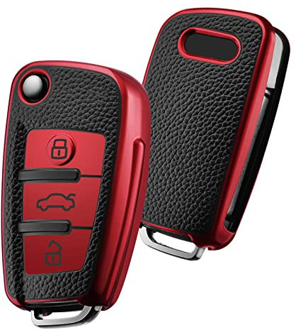 OATSBASF Schlüsselhülle Geeignet für Audi,Autoschlüssel Hülle für A1 A3 A4 A6 Q3 Q5 Q7 S3 R8 TT Silicone TPU Leather Texture Schutzhülle (P-Rot)