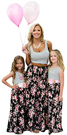 Yming Mutter und Tochter Kleider Ärmellos A-Linie Kleid Boho Blumenkleid Rundhals Kleid Streifen Blumen 5-6 Jahre