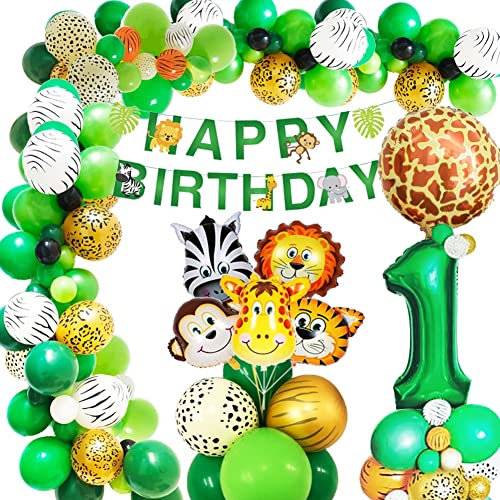 Dschungel Geburtstag Dekoration 1 jahr, AcnA Geburtstagsdeko Jungen 1 jahr,Kindergeburtstag deko Safari Happy Birthday Dekoration Banner Dschungel Luftballons Wild One Deko Junge 1. Geburtstag Mehrweg