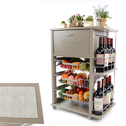 Kasalingo Carrello Porta Frutta e Verdura con portapane 56,5x37,3 h 82,2 in Legno, portavino carrello da cucina con ripiano multiuso 100% Made in Italy. (Tortora)