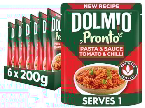 Dolmio Pasta Pronto Tomato and Chilli Microwave Fusili with Sauce, Bulk Multipack 6 x 200 g Pouches