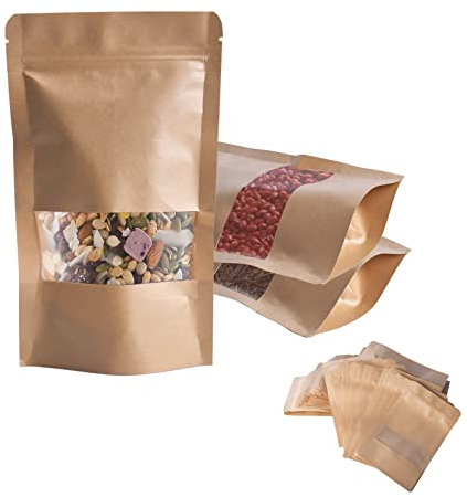 Pinsheng Bolsas de Papel Kraft Con Ventana 100 Piezas - Bolsa Ziplock Para Embalaje Con Cierre - Para Alimentos, Galletas, Té, Caramelos, Granos de Café y Frijoles (Medium)