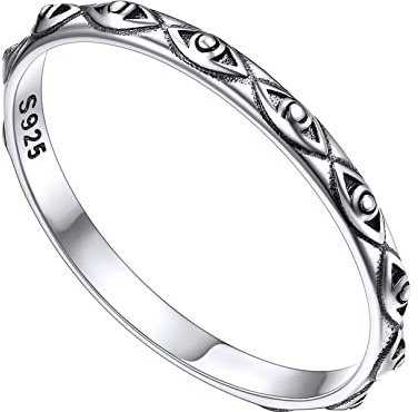 FOCALOOK Damen Herren Ehering Verlobungsring 2mm breit 925er Silber Vorsteckring mit Vintage Böser Blick Muster Antragsring Partnerring Schmuck Größe 57 (18.1)