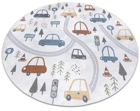 rugsx Teppich BONO 8436 Teppich Kurzflor, Kinderteppich, Wohnzimmer, Jugendzimmer, Kinderzimmer, Schlafzimmer, Autos, Straße Creme/Hellgrau Kreis 160 cm