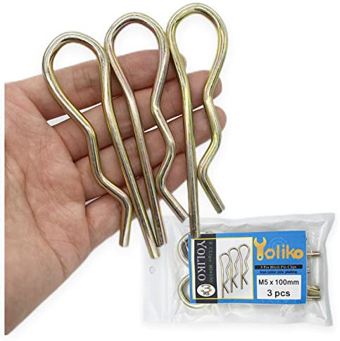 Yoliko Lot de 3 broches d'attelage robustes en forme de R pour remorque, tracteur, tondeuse, camion, couleur zinc M5 x 100 mm