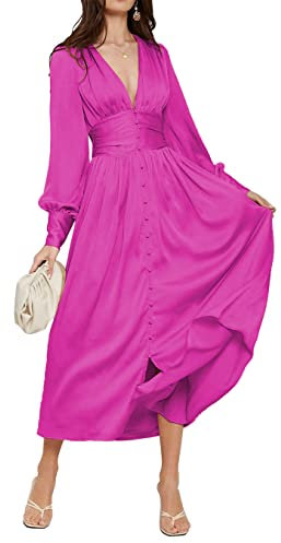 HPPEE Robes d'invités de mariage, manches longues, longueur cheville, col en V, robes de soirée pour femmes et juniors, fuchsia, 36
