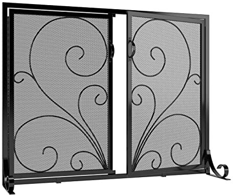 Calidola Flacher Kaminschutz mit Türen, massiver schmiedeeiserner Rahmen mit Metallgitter, dekorativer Kaminschutz mit Schnörkel-Design, freistehender Funkenschutz