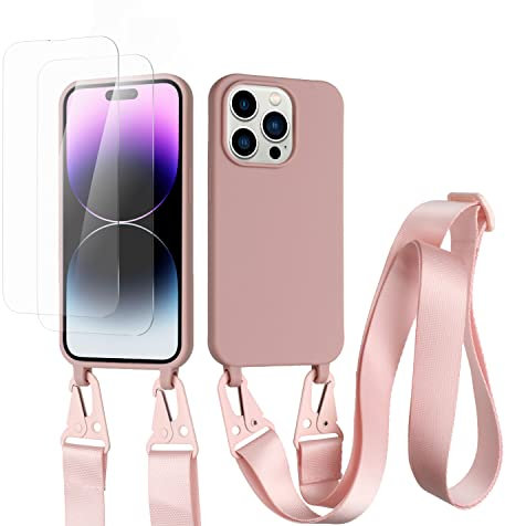vrupin kompatibel mit iPhone 14 Pro Max Handykette Hülle,[2 Stück Schutzfolie 9H Härte Gehärtete Folie].Necklace Hülle Nylon Schultergurt Weich Flüssiges Silikon-Lotus Farbe