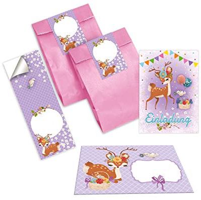 Junapack 12 Einladungskarten zum Kindergeburtstag Geburtstag Mädchen Reh incl. 12 Umschläge, 12 Tüten/rosa, 12 Aufkleber