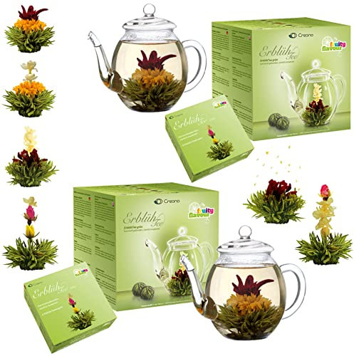 Creano 2x Teeblumen Geschenkset - Erblühtee Grüntee mit 2x 500ml Glaskanne & 12x grüner Tee - Sparpreis-Set