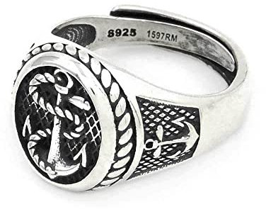 925 Sterling Silber Ovaler Chevalier Ring mit Anker Argento