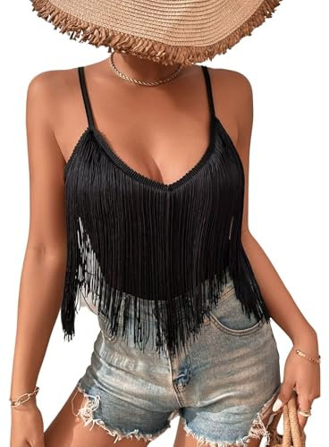 Damen Tank Top Mit Fransen – Sexy Spaghetti Cami Oberteile Elegant Boho Kleidung V Ausschnitt Konzert Outfit Rave Shirts Ärmellose Shirt Sommer Unterhemd Clothes(Black,M,10742r)