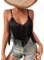 Damen Tank Top Mit Fransen – Sexy Spaghetti Cami Oberteile Elegant Boho Kleidung V Ausschnitt Konzert Outfit Rave Shirts Ärmellose Shirt Sommer Unterhemd Clothes(Black,M,10742r)