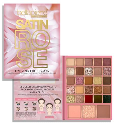 bellapierre Satin Rose Face & Eye Book Palette | 25 Lidschattentöne mit Rouge, Bronzer und Highlighter | Ungiftig und parabenfrei | Vegan und tierversuchsfrei