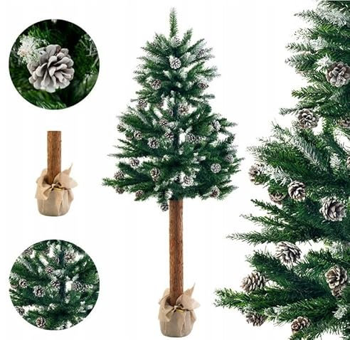 Weihnachtsbaum auf Naturstamm 180 cm künstlicher Christbaum Grün mit Schnee Effekt Tannenbaum aus PVC Weihnachtsdeko inkl. Ständer und Jutestoff