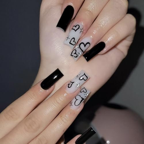 MouyouGlow Press on Nails Middle Lang,Square Schwarz Cute Herz Strass Sterne Sweet Valentine Fake Nails Kunstnägel mit Nagelkleber,White Black Love Künstliche Fingernägel